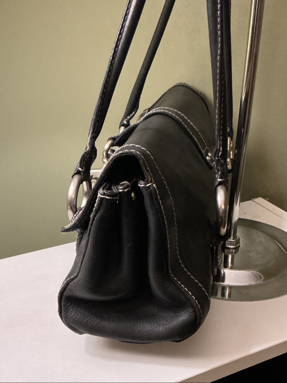 Marc Jacobs Vintage Black Leather Double-Handle Shoulder Bag Pink Stitching - Picture 3 of 13